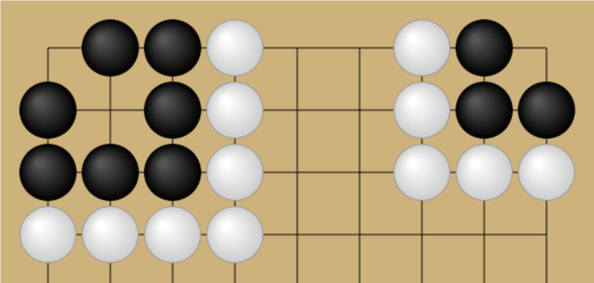 Weiqi board showing a Black group with two eyes (alive) on the left and a Black group with one eye (dead) on the right.