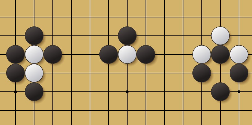 Weiqi board showing a sample position illustrating liberties.